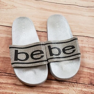BEBE Sandals Womens 6 Gray Black Slip On Slides Franya Rhinestones Logo Ladies - Picture 1 of 9