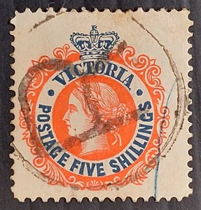 1901 Victoria Australia 5/- Scarlet &Deep Blue Postage stamp WMK V/Crn INV Used - Picture 1 of 2