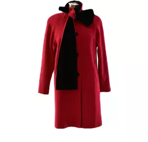 Albert Nipon Red Wool & Black Velvet Overcoat For Women Size XS 90s Long Coats - Picture 1 of 6