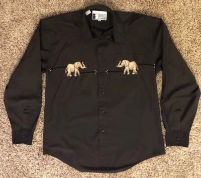 Elephant Embroidered Mens Button Shirt Size Med Jeweled Long Sleeve Shirt - Image 1 of 4