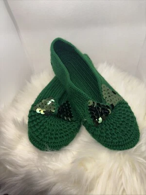 女式复古绿色拖鞋 7 码钩针手工绿色蝴蝶结系列 — 第 1/4 张图片