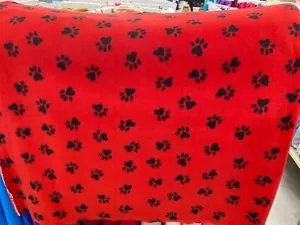 Fleece fabric RED Dog Doggie Paw Prints Black, 60" wide, sold by the yard - Picture 1 of 10