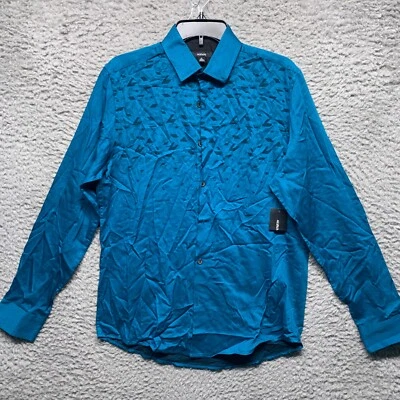 Рубашка мужская Alfani S маленькая бирюзово-синяя с узором на пуговицах с длинным рукавом - Изображение 1 из 4