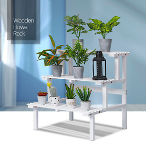 24" White Wooden 3-Tier Garden Stair Shelves Flower Pot Stand Balcony Plant Rack