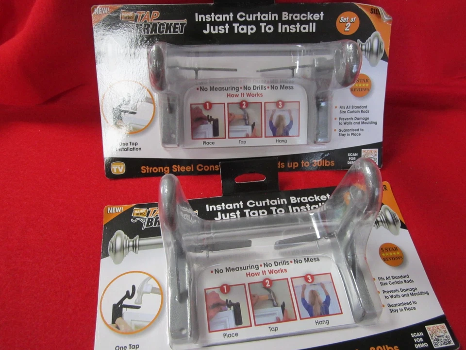 Set of 2 ( 2x2 4) Tap Bracket as Seen on TV Silver Steel Curtain Bracket 30 Lb.