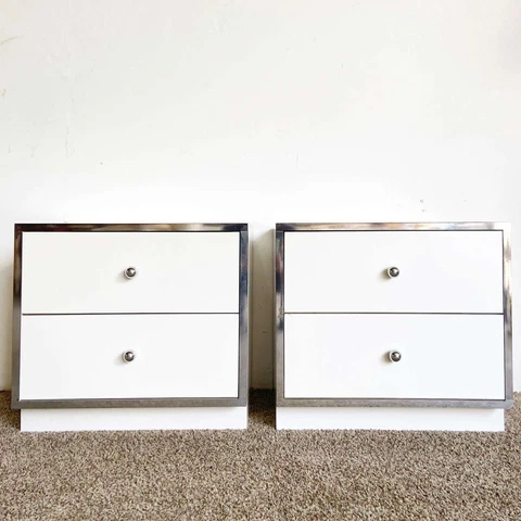 Postmodern White Lacquer Laminate and Chrome Nightstands - a Pair Cover