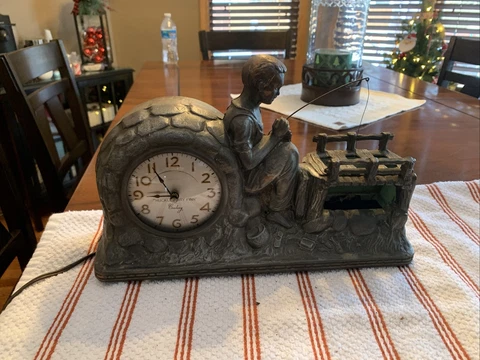 Vintage Century Huckleberry Huck Finn Metal Clock Fishing Motion Animated WOW Cover