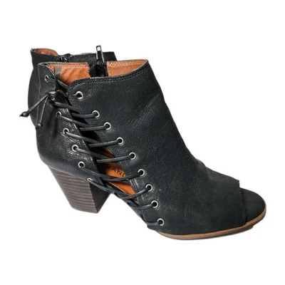 Botines al tobillo Lucky Brand Hartlee de encaje lateral punta abierta en cuero negro talla 6,5 Foto 1 de 4