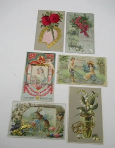 6 antike verzierte Postkarten / vergoldete Metallhase-Grüße-Samt-Spitze-Band - Bild 1 von 11