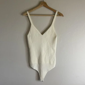 Abercrombie & Fitch Bodysuit Womens Large Cream Ribbed Knit V Neck Stretch Nylon - Picture 1 of 10