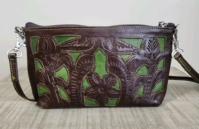 LEADERS IN LEATHER Hand-Tooled Floral Cut-Out Convertible Bag Brown & Green - Image 1 of 4