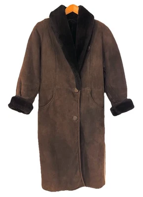 Abrigo largo de cuero gamuza Penny Lane de colección con forro de piel sintética marrón oscuro talla 6 Ferber Foto 1 de 4