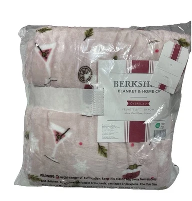 Berkshire Merry Cocktails Pink Plush Throw Blanket 60"x80" Velvet Soft New - Image 1 of 4