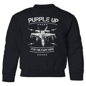 Purple Up For Military Kids - Fighter Jet Design Youth Crewneck Sweatshirt - Picture 1 of 3