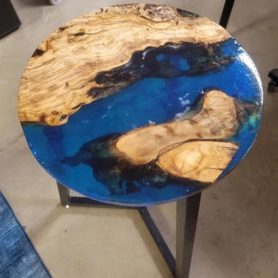 Olive Wood Ocean Epoxy End Table 16"L x 16"W x 30"H w/ Steel Legs - Made in USA! - Image 1 of 4
