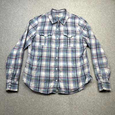 Blusa LL Bean Feminina Média Azul Rosa Xadrez Linho Aba Rolo Verão Relaxado Casual - Imagem 1 de 4