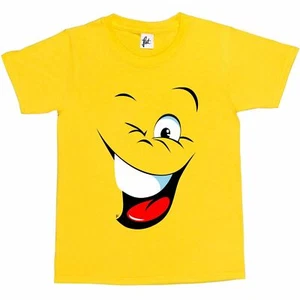 Smiling Happy Face Winking With Mouth Open  Kids Boys / Girls T-Shirt - Picture 1 of 2