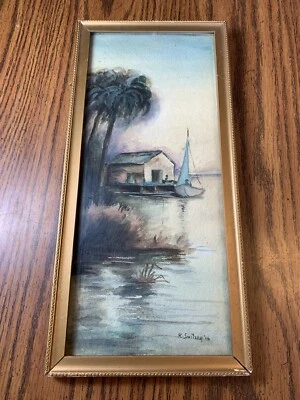 Antique 1916 R.Switzer Watercolor Painting Framed Under Glass 13x6 Vintage - Image 1 of 4