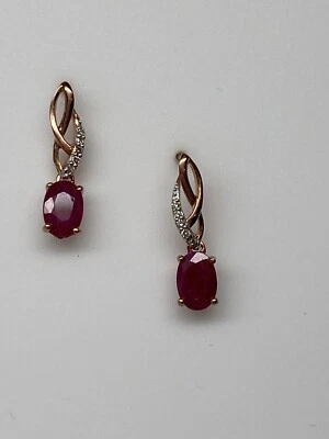 10K Rose Gold Oval Shape Ruby and Diamond Dangle Earrings New July Gemstone - Image 1 of 4