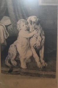 George Augustus Holmes Antique Engraving Of Dog and Child Signed William Roffe - Picture 1 of 5