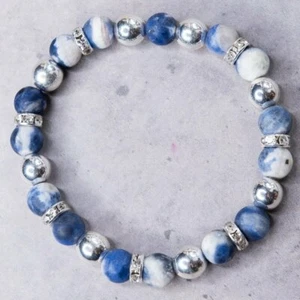 Sodalite Bracelet, Silver Gold Hematite 7" - Picture 1 of 5