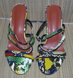 Women's Blue Mix Animal Print Slip On Heels Mules Sandals Size: 5/38(WHS32) - Picture 1 of 8