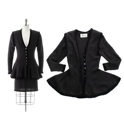 Винтажный 1980-х костюм 80-х черный шениль вязаный пеплум куртка карандаш юбка два изделия - Изображение 1 из 4
