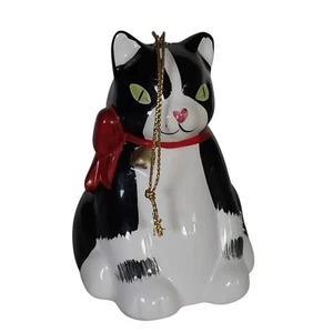 Vtg Silvestri Handpainted Ceramic Tuxedo Cat Red Bow Big Eye Bell Ornament 3.25" - Picture 1 of 10