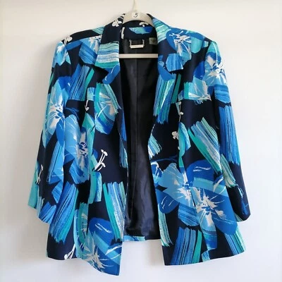 Chaqueta corta TanJay para mujer azul floral manga 3/4 forrada frente abierto talla 16P Foto 1 de 4