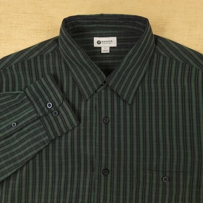 Haggar Men's Large Button-Up Long Sleeve Casual Shirt Black Green Striped - Image 1 of 4