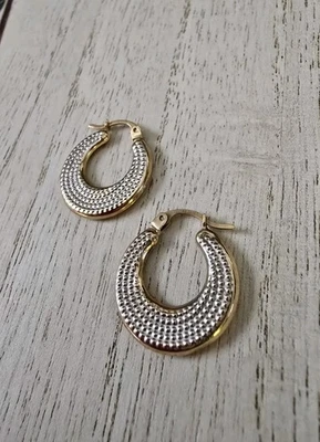 Kay jewelers 10k Yellow & White Gold puffy 2 tone 3/4" hoop textured earrings - Image 1 of 4