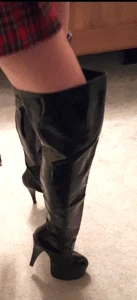 Sxxy BOTAS STILETTO NEGRAS PVC HASTA EL MUSLO PLATAFORMA * 5 Reino Unido * DOMINATRIX * FXTISH - Imagen 1 de 10