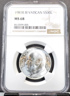 1981 VATICAN SILVER 500 LIRE POPE JOHN PAUL II NGC MS 68 SCARCE GEM BU TOP POP - Image 1 of 3