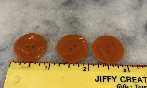 3 VINTAGE BUTTONS Orange Round With Diamond Shape BAKELITE CELLULOID Cover