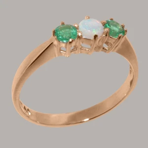 14k Rose Gold Natural Opal & Emerald Womens Trilogy Ring - Sizes 4 to 12 - Picture 1 of 5