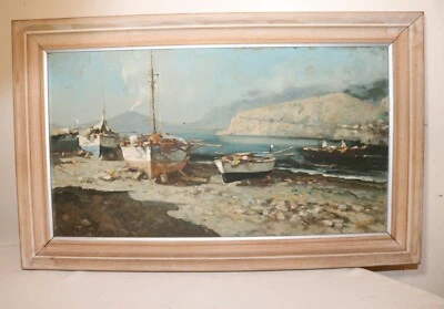 pintura al óleo antigua original F.G. FORTIS costa náutica costa volcán velero Foto 1 de 4