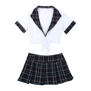Women Schoogirl Uniform Cosplay Costume Tie Front Crop Top with Plaid Skirt Set