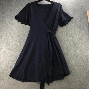 Ann Taylor Dress Womens Size 4 Swing Navy Blue Wrap Belted Eyelet Trimmed Sleeve - Picture 1 of 11