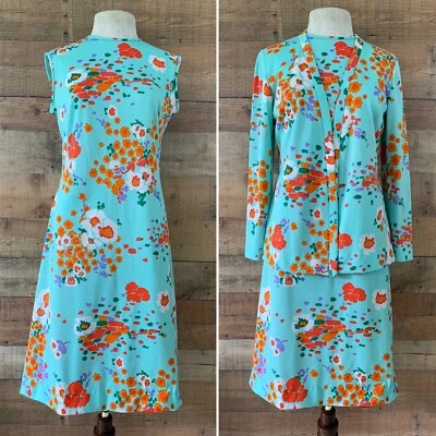 Vintage 1960s 1970s Psychedelic Turquoise Abstract Matching Dress Jacket Set - Image 1 of 4