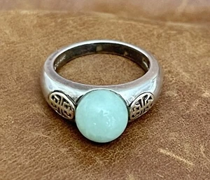 Vintage Sterling 925 & 14k Gold chinesisches Langlebigkeitssymbol Kugel Perle grüne Jade Ring 7 - Bild 1 von 12