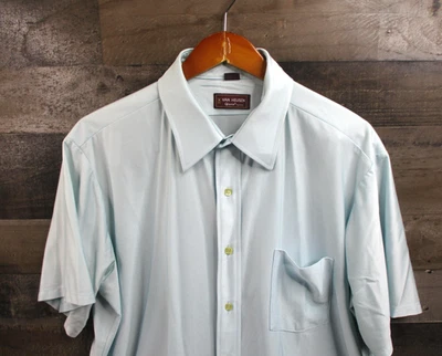 Vintage Van Heusen Shirt Mens 17.5 Blue Qiana Nylon Short Sleeve Pocket 70s 80s - Image 1 of 4