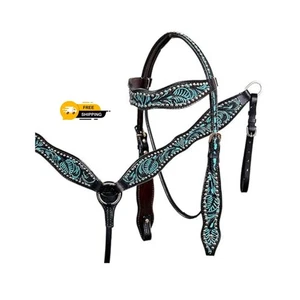 Western Horse Turquoise Headstall Breast Collar Silver Studded Set Tack Leather - Picture 1 of 4