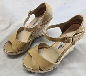 *Jimmy Choo Women's 38.5 Wedge Espadrilles Nude Patent Leather Sandals  - Picture 1 of 7