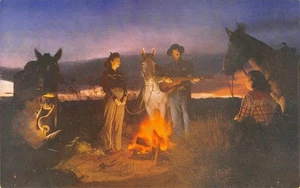 Postal de colección "Pleasure Ride At Sunset" vaqueros vaqueras fogata década de 1950 - Imagen 1 de 1