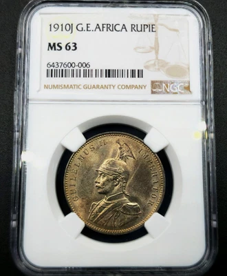 1 Rupie 1910 J IMPERATOR Wilhelm II German East Africa MS63 NGC Only 270K! Rare! - Image 1 of 4