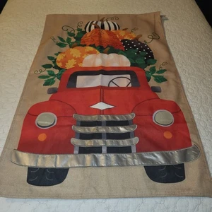 Evergreen Thanksgiving Red Truck  Pumpkins  House Burlap Flag  - Picture 1 of 6