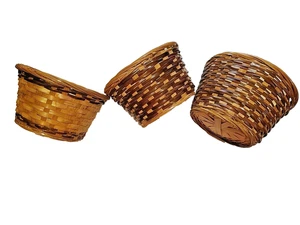 3 Vtg Wicker Woven Planter Baskets 4"-4.25" tall 6.5" wide 2-tone Brown - Picture 1 of 11