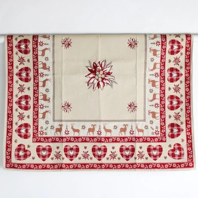Small Square Cream and Red Tablecloth With Hearts Goats and Flowers 36" x 36" - Image 1 of 4