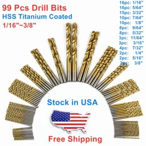 1/16"- 3/8" 99Pcs Drill Bit Titanium HSS4241 Drill Bits for Metal Jobber Length - Picture 1 of 12