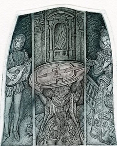 Renaissance Cat, Violin, Music, Art Print Etching Ex libris by Leonid Stroganov - Picture 1 of 3